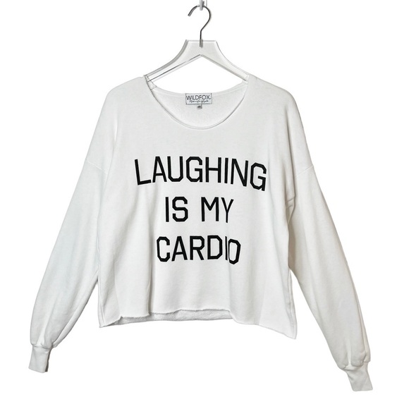 Wildfox Women’s White Scoop Neck Laughing Is My Cardio Sweatshrit Sz XS - Picture 1 of 11